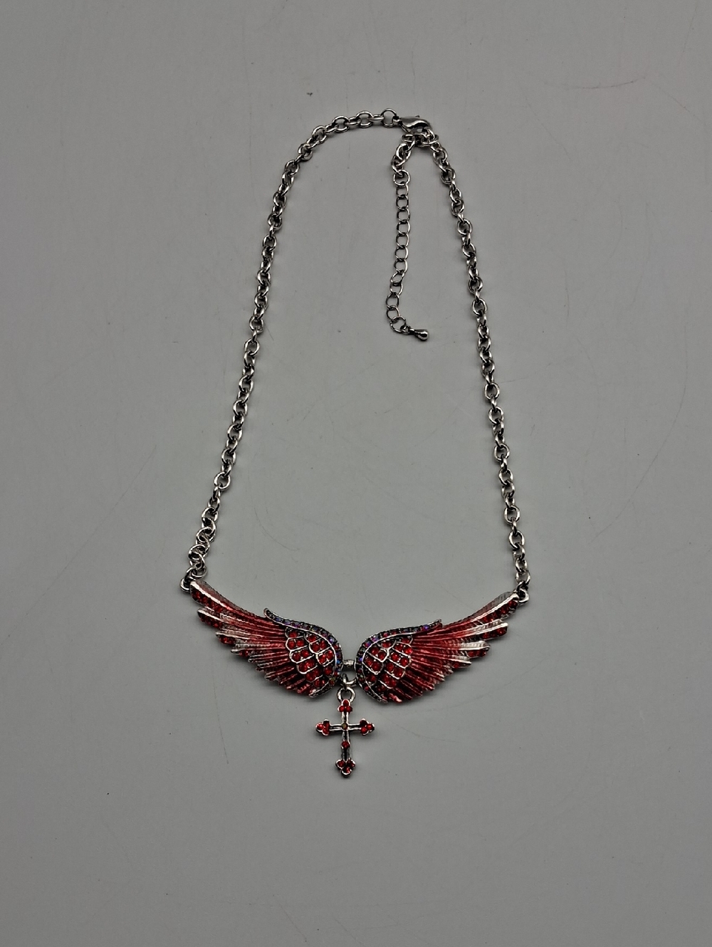 Angel Wing Cross Pendant Necklace - Red Silver